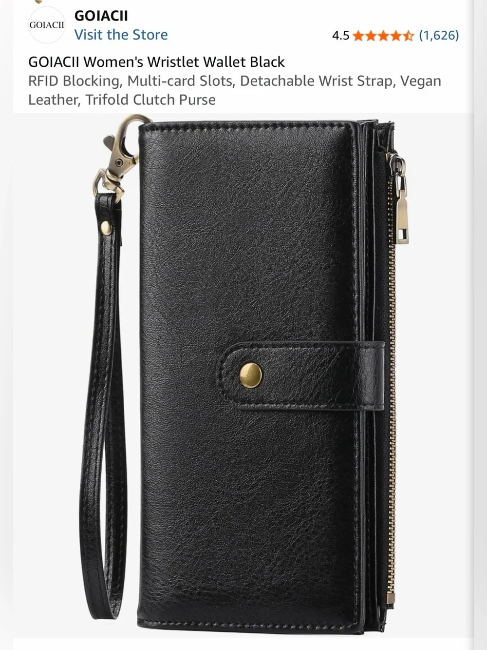Amazon Black Vegan Leather Wristlet Clutch with Detachable Strap